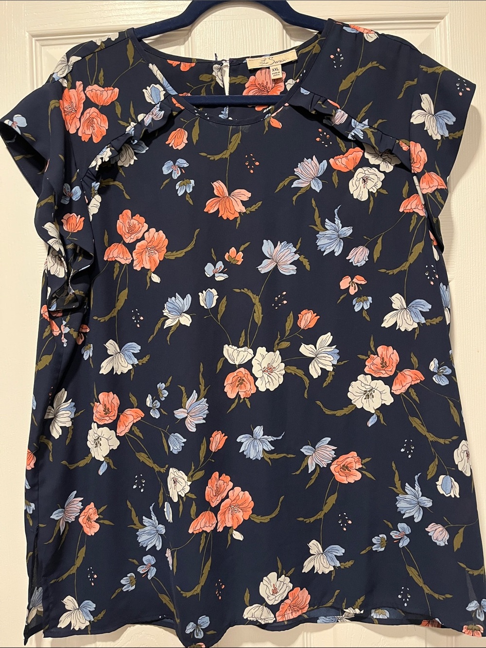 Floral Navy Ruffle Sleeve Blouse - Women's Top
